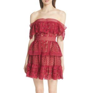 SELF-PORTRAIT Off-the-Shoulder Guipure Lace Red Mini Dress - Size UK4/US0